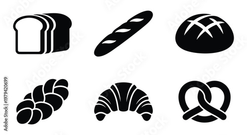 Bakery bread icons set, black silhouette pastry vector, 6 bakery elements
