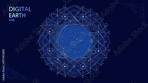 A digital earth representation a glowing globe encased in a geometric network