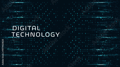 Digital technology background with cascading binary code and glowing text