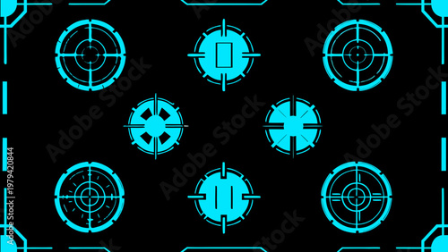 Futuristic targeting reticles and geometric shapes on a black background