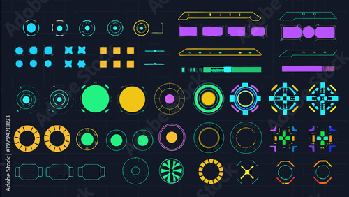 Futuristic user interface elements and technological design components displayed