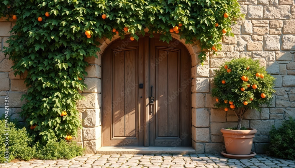 Fototapeta premium Rustic wooden double doors set in stone wall entrance. Green ivy covers archway, potted orange tree bears fruit. Cobblestone path leads to old home exterior.
