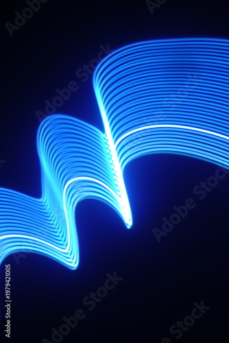 Electric blue light trails against a deep black background