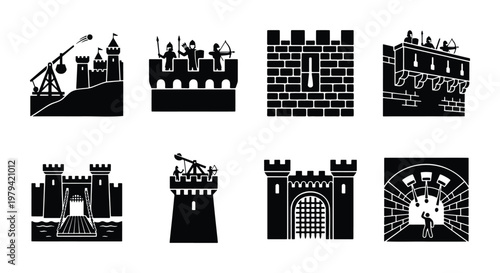 Medieval castle icons, 8 fortress warfare vectors, ancient siege defense set