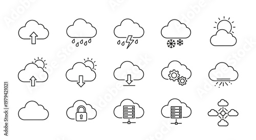 Weather icons, cloud symbols, forecast signs, climate graphics, 16 outline elements