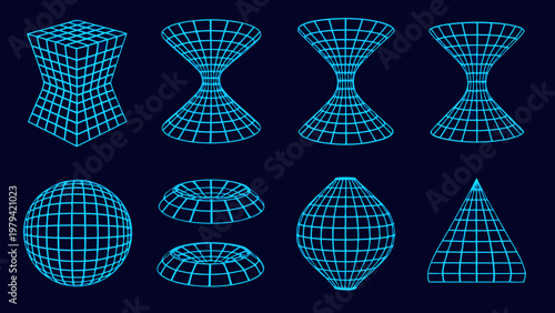 Tableau sur toile Neon blue geometric shapes cubes cones spheres and warped forms