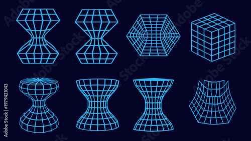 Neon blue geometric shapes a collection of wireframe designs on dark background