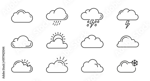 Weather icons, cloud symbols, forecast signs, weather conditions, vector graphics