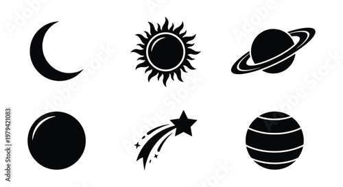 Celestial space icon set, 6 black vector planets, sun and moon symbols