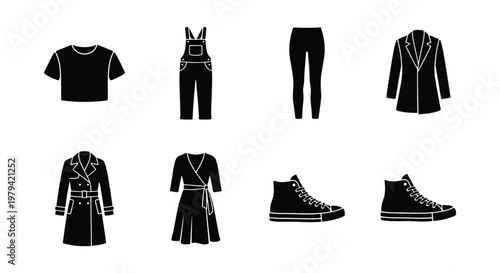 Minimalist clothing icons set, black fashion apparel vectors, 8 garment symbols