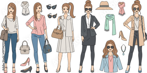 Fashionable Female Character with Stylish Outfits and Accessories for Clothing and Fashion Illustration