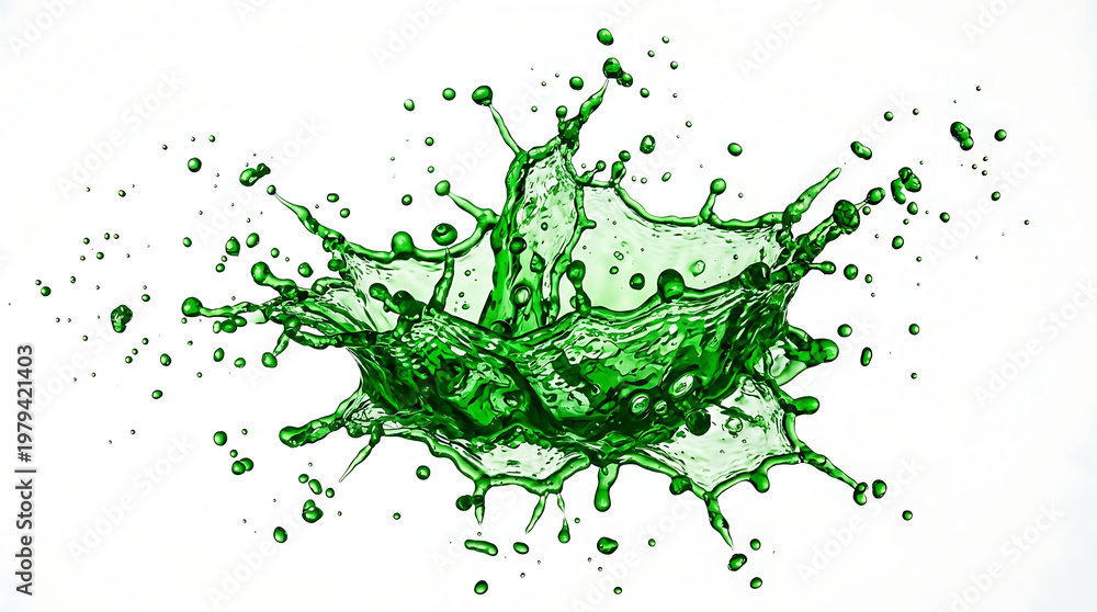 Naklejka premium Vibrant emerald green liquid splash with crystal water droplets, artistic lime fluid motion splatter isolated on white, transparent texture graphic element for beverage and juice concept.