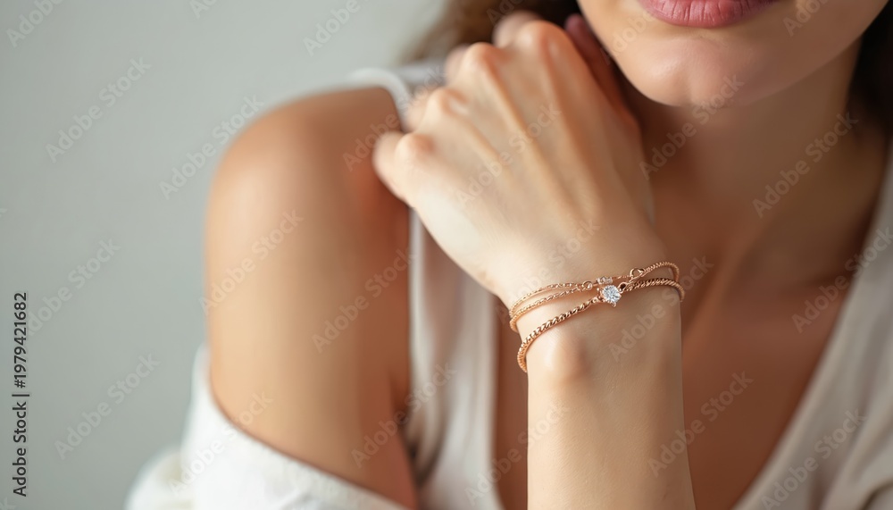 Fototapeta premium Woman wears thin gold chain bracelets with crystal accent on wrist. Simple fine jewelry adorns delicate female arm. Closeup detail shot shows elegance and style, perfect for fashion.