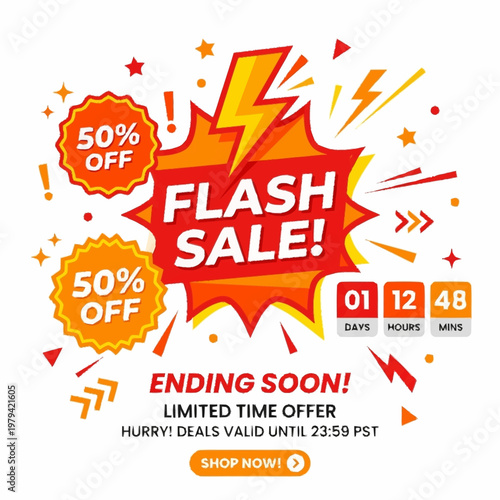Flash sale vector graphic illustration with 50 percent off and limited time offer ending soon