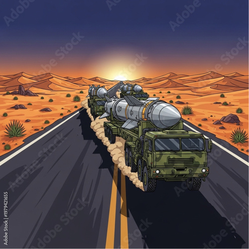 Military Convoy on Desert Highway.