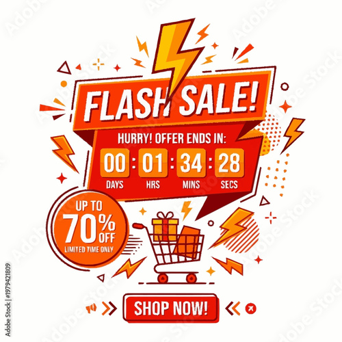 Flash sale graphic with shopping cart and countdown timer for limited time offer
