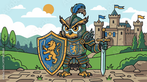 Brave cartoon owl knight character illustration with detailed armor, sword, and lion crest shield, standing before a medieval castle.