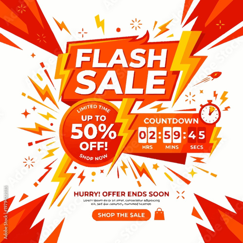 Flash sale vector graphic with bold orange and yellow design elements and up to fifty percent discount offer