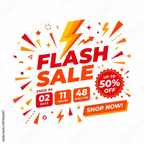 Flash sale vector graphic illustration with bold red and orange text offering up to fifty percent off, ending in two days, eleven hours, and forty-eight minutes.