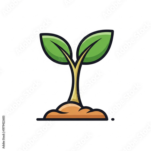 Simple Cartoon Seedling with Green Leaves.