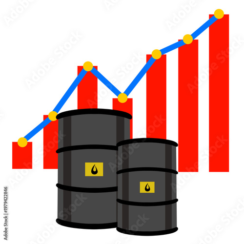Oil barrels with upward trend graph representing rising oil prices, economic growth, energy demand increase, and global market expansion.