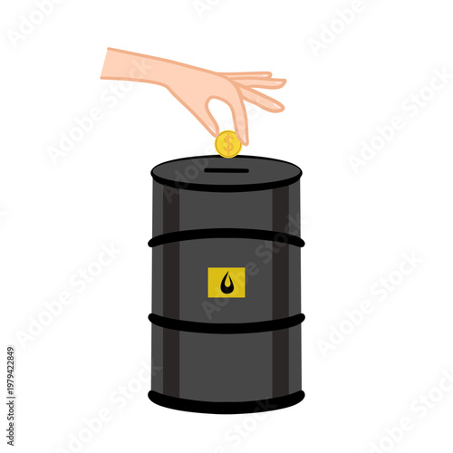 Hand putting coin into oil barrel, symbolizing saving money for rising fuel prices, energy crisis, inflation and the need for financial reserve due to expensive oil.