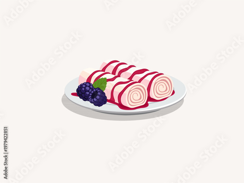 Strawberry Ice Cream Rolls with Syrup and Blackberry on Plate Illustration