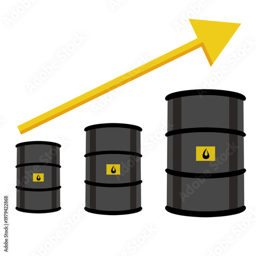 Oil barrels with upward trend graph representing rising oil prices, economic growth, energy demand increase, and global market expansion.