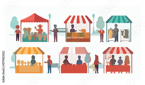 Street fair outdoor market stalls summer shopping vector illustration