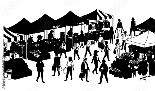 Urban farmers market street fair with tents and shoppers vector