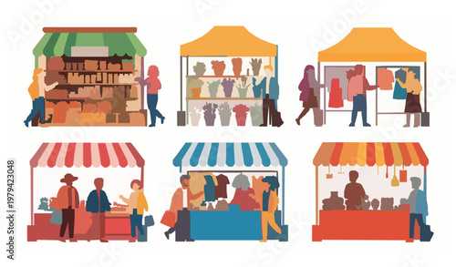 City street fair pop-up market stalls shopping cartoon vector