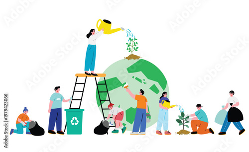 地球環境に配慮する人々のイラストセット