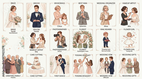 Set of 20 vintage sketch style wedding scenes featuring bride, groom, bridesmaids, cake cutting, first dance, bouquet toss, ceremony and reception on white background.