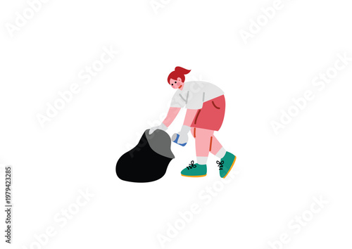 ゴミ拾いをする女性のイラスト