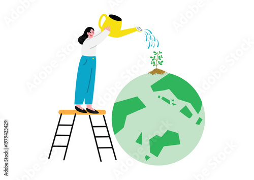 地球に木を植える女性のイラスト