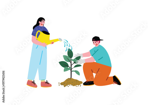 木を植える男女のイラスト