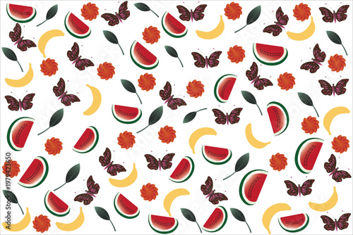 Seamless summer fruit pattern with watermelon, banana, flowers and butterflies colorful tropical vector background design.