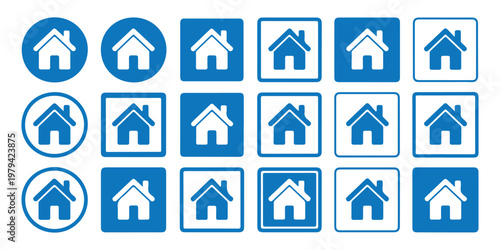 Blue home icon collection for real estate website interface and property management software design.
