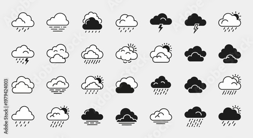 Weather icons, cloud symbols, rain clouds, storm weather graphics, 30 cloud icons set
