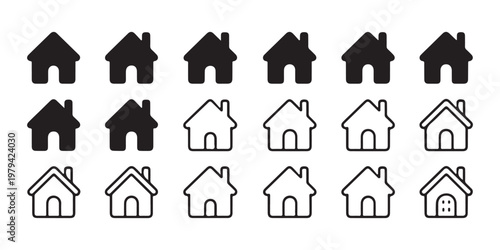 Home icon set for mobile application interface design with solid and linear house shapes silhouettes.