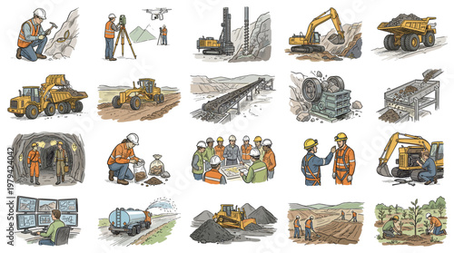 Set of 20 sketch style open pit and surface mining scenes featuring heavy machinery, excavators, dump trucks, bulldozers, workers and quarry operations on white background.