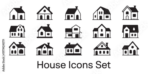 House icons set featuring detailed architectural shapes for real estate marketing and city landscapes.