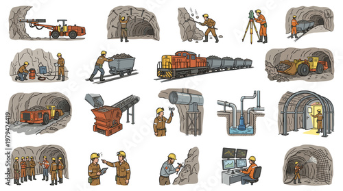 Set of 20 sketch style mining industry scenes featuring miners working underground, tunnel drilling, ore transport, conveyor belt, train and equipment on white background.