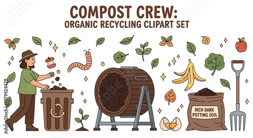 A cartoon illustration showing a person composting waste into a bin with a tumbler dirt bag shovel worm and various organic scraps