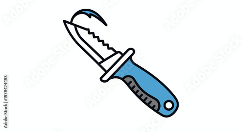 A blue handled serrated utility knife.