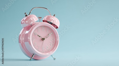 The pink alarm clock on a minimalist pastel blue background evoking retro charm