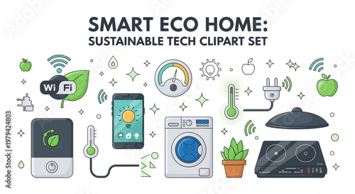 A collection of smart home icons including a smartphone washing machine stove thermostat and plants on a white background