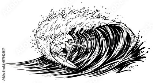 Surfer Riding a Massive Barrel Wave Vector Illustration in Black and White Line Art Style