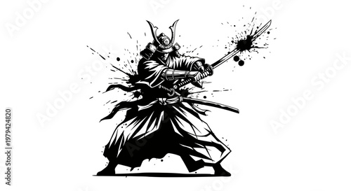 Japanese Samurai Warrior with Katana Sword in Action Combat Pose Black and White Ink Splatter Vector Illustration