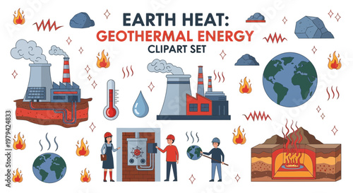 A collection of stylized handdrawn vector illustrations depicting geothermal energy concepts power plants subterranean heat and workers